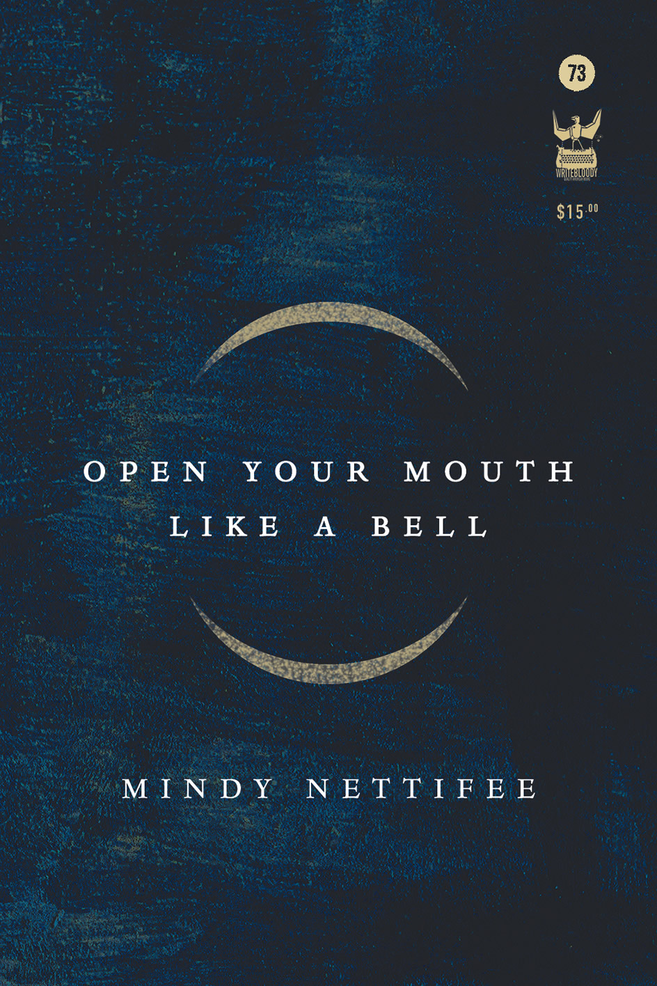A dynamic midnight blue background flecked with the suggestion of light, and in the center two gold crescent moons face eachother like an open mouth, with the title of the book between them.