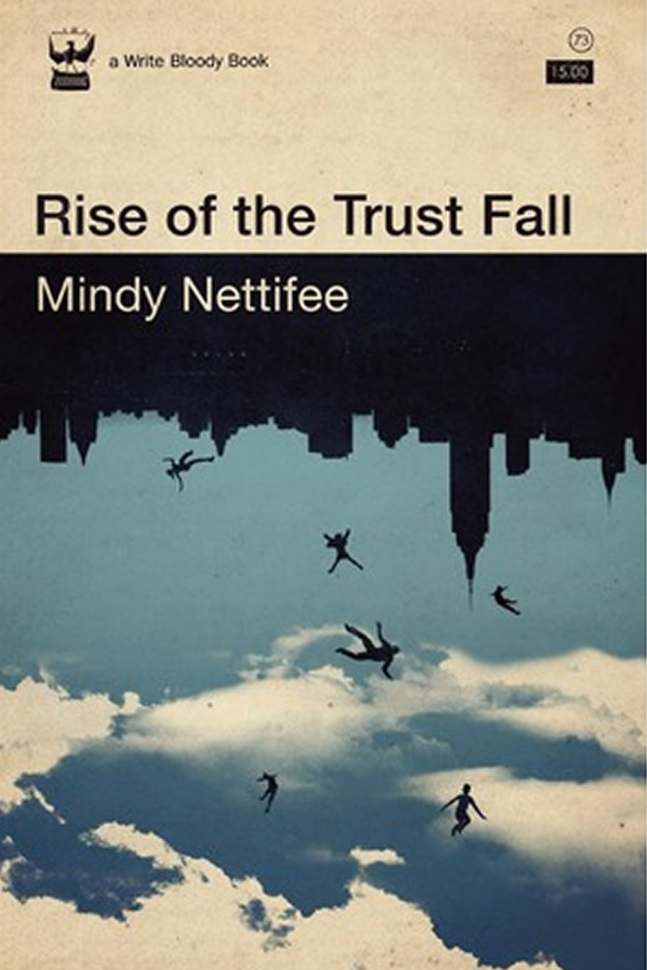Book cover features an upside down city skyline with figures falling into a sky of clouds